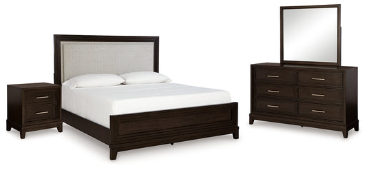 Neymorton California King Upholstered Panel Bed with Mirrored Dresser and Nightstand