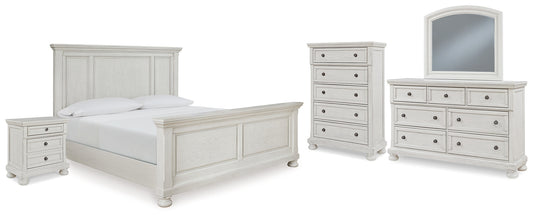 Robbinsdale Queen Panel Bed with Mirrored Dresser, Chest and Nightstand