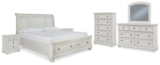 Robbinsdale King Sleigh Bed with Storage with Mirrored Dresser, Chest and 2 Nightstands