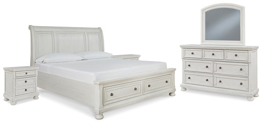 Robbinsdale King Sleigh Bed with Storage with Mirrored Dresser and 2 Nightstands