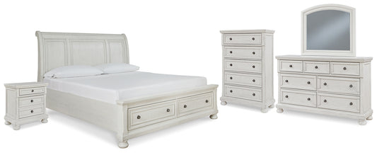 Robbinsdale California King Sleigh Bed with Storage with Mirrored Dresser, Chest and Nightstand
