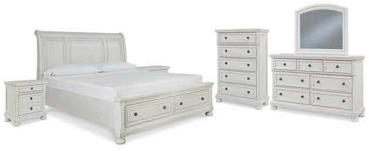 Robbinsdale California King Sleigh Bed with Storage with Mirrored Dresser, Chest and 2 Nightstands
