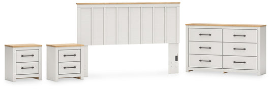 Linnocreek King Panel Headboard with Mirrored Dresser and 2 Nightstands