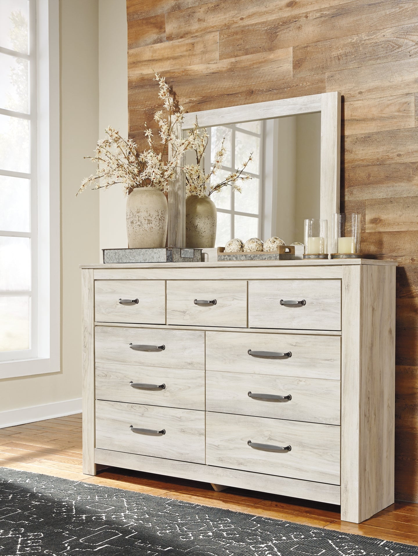 Bellaby  Panel Headboard With Mirrored Dresser