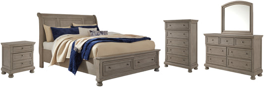 Lettner California King Sleigh Bed with Mirrored Dresser, Chest and Nightstand