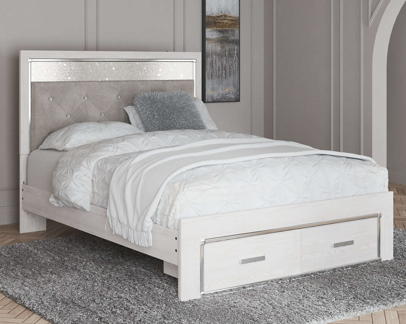 Altyra Queen Upholstered Storage Bed with Mirrored Dresser and Nightstand