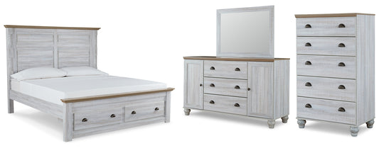 Haven Bay King Panel Storage Bed with Mirrored Dresser and Chest