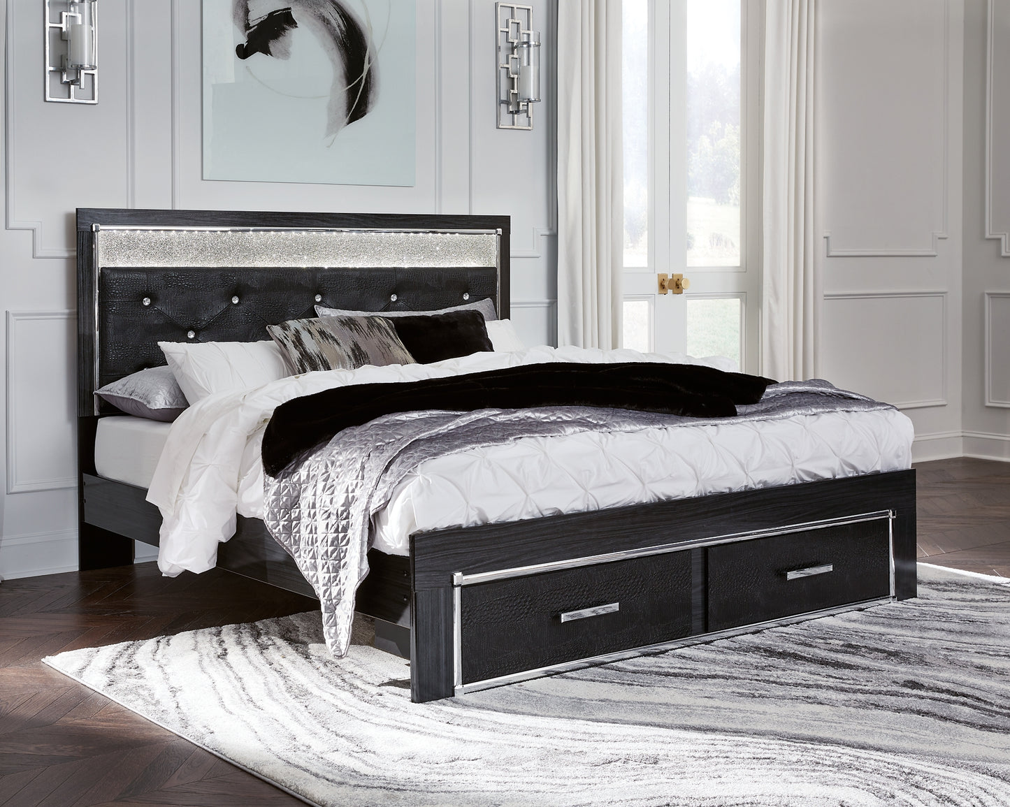 Kaydell King Upholstered Panel Storage Bed with Mirrored Dresser and 2 Nightstands