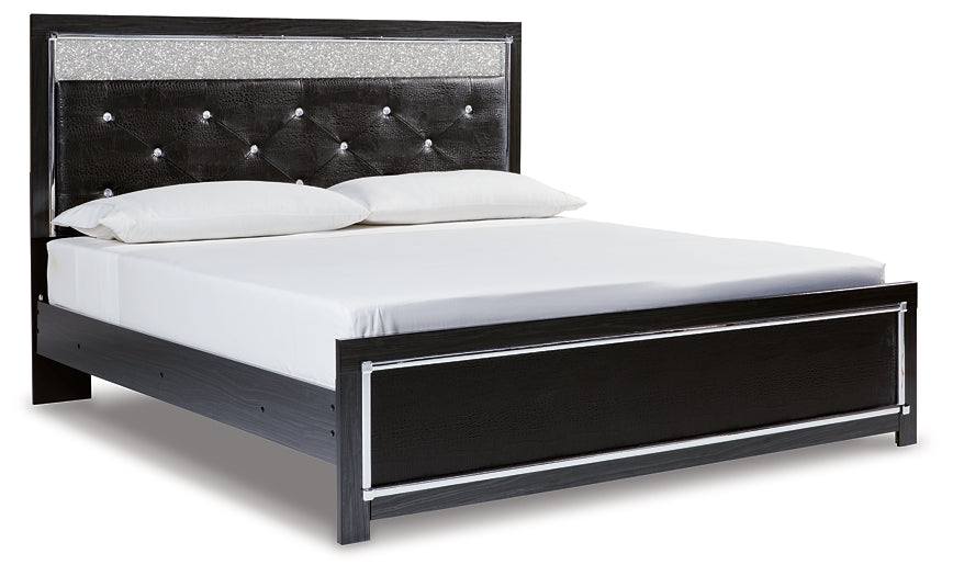 Kaydell King Upholstered Panel Platform Bed with Mirrored Dresser, Chest and 2 Nightstands