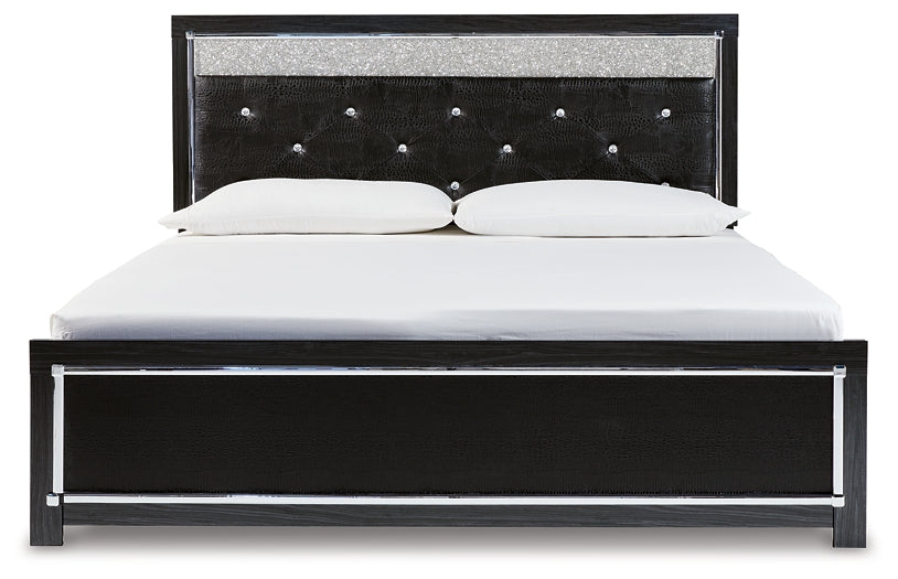 Kaydell King Upholstered Panel Bed with Mirrored Dresser, Chest and 2 Nightstands