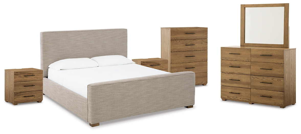 Dakmore California King Upholstered Bed with Mirrored Dresser, Chest and 2 Nightstands