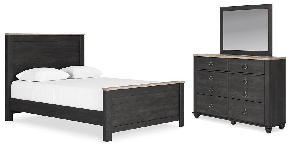 Nanforth Queen Panel Bed with Mirrored Dresser