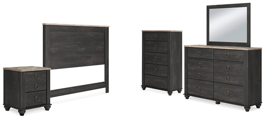 Nanforth Queen Panel Headboard with Mirrored Dresser, Chest and Nightstand