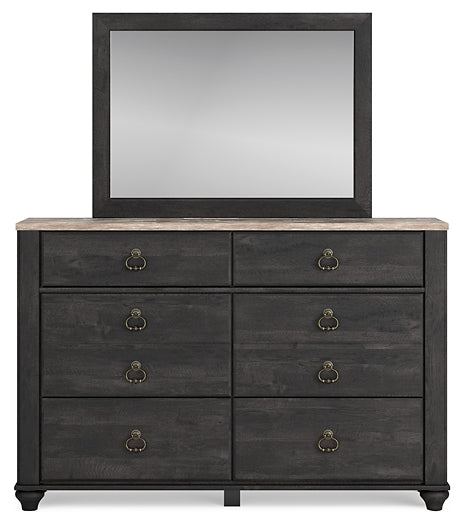 Nanforth Queen Panel Headboard with Mirrored Dresser, Chest and Nightstand