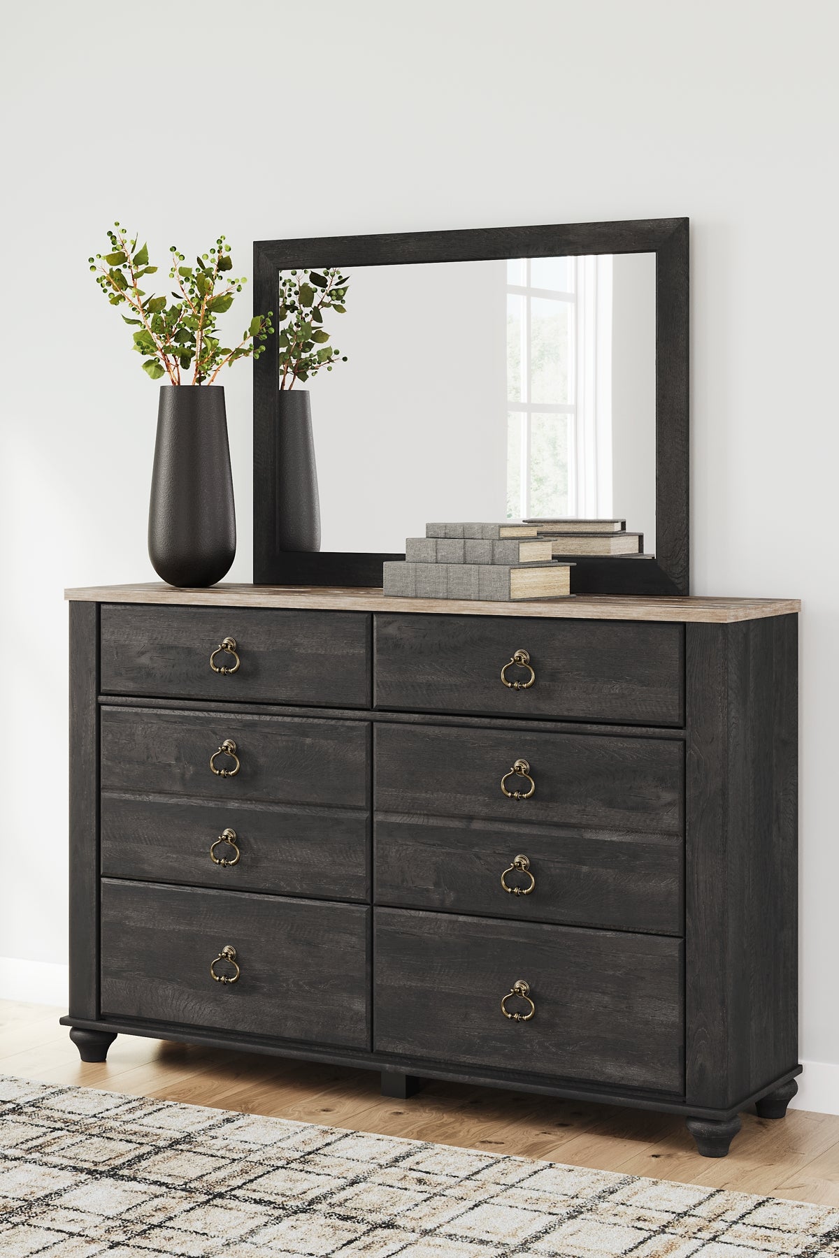 Nanforth Queen Panel Headboard with Mirrored Dresser, Chest and Nightstand