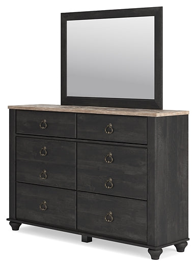 Nanforth King/California King Panel Headboard with Mirrored Dresser and Nightstand