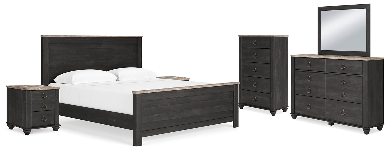 Nanforth King Panel Bed with Mirrored Dresser, Chest and 2 Nightstands