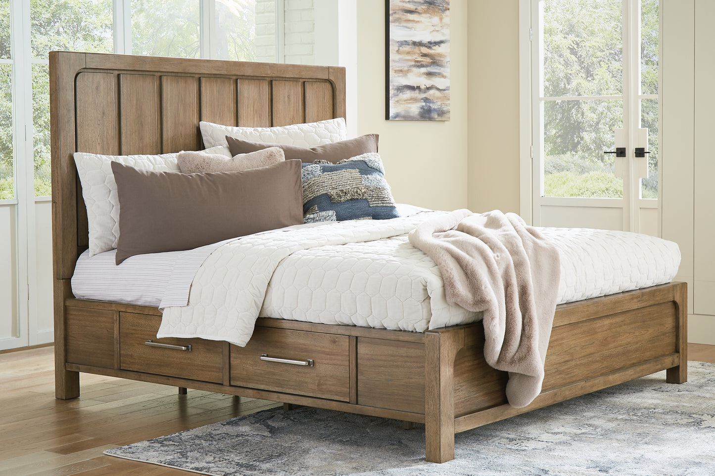 Cabalynn California King Panel Bed with Storage with Mirrored Dresser, Chest and 2 Nightstands