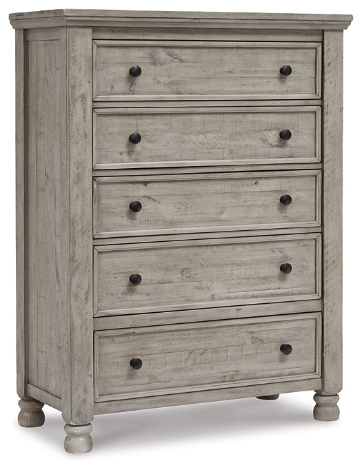 Harrastone California King Panel Bed with Mirrored Dresser and Chest