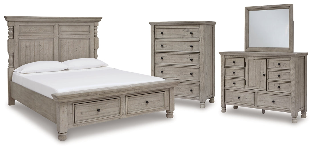 Harrastone California King Panel Bed with Mirrored Dresser and Chest